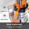 A close-up of a slow juicer in operation, with juice flowing into a pitcher. Text overlays highlight product features. Produktbild-Vorschau