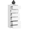 A white chest of drawers with six drawers, some of which are partially open, on a white background. A black decorative object sits on top of the chest. Produktbild-Vorschau