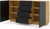 A modern sideboard with a wood grain finish and black matte drawers and doors. Náhled obrázku produktu
