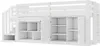 A white wooden loft bed with integrated storage and a staircase. Voir les images du produit