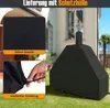 A black pizza oven cover is shown on a lawn in front of a house, with close-up insets showing the fabric texture and a drawstring. Produktbild-Vorschau