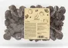 A clear, well-lit image of a bag of plums coated in dark chocolate, with a label showing product information and illustrations. Produktbild-Vorschau