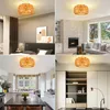 Collage of four interior design scenes showcasing a rattan ceiling lamp in different rooms: bedroom, living room, kitchen, and home office. Anteprima dell’immagine prodotto