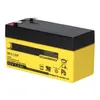 A close-up studio shot of a yellow and black 12V 1.2Ah rechargeable battery. Voir les images du produit