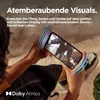 A person is holding a smartphone and watching content on it, with sound wave graphics emanating from the phone. Anteprima dell’immagine prodotto