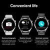 Three smartwatches are displayed against a black background, each showcasing a different feature with accompanying text descriptions below. Produktbild-Vorschau