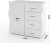 A 3D rendering of a white highboard/sideboard with four drawers and a door, showing dimensions. Voir les images du produit