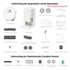 An infographic showing the contents of a robot vacuum cleaner and its base station, along with accessories. Produktbild-Vorschau