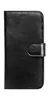 A black leather wallet case for a smartphone, closed and lying flat against a white background. Produktbild-Vorschau