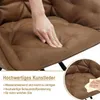 A hand pressing into a brown faux leather chair cushion, with a close-up inset showing cleaning with a cloth. Produktbild-Vorschau