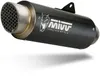 A black motorcycle exhaust muffler with a silver honeycomb end cap and a white logo. Produktbild-Vorschau