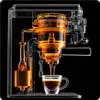 An x-ray style image of an espresso machine brewing coffee into a glass cup. Produktbild-Vorschau