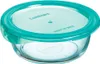 A clear glass food storage container with a teal lid. Produktbild-Vorschau