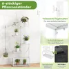 A multi-tiered white plant stand with various plants on its shelves, shown in a room setting with a white wall and wooden floor. The right side of the image contains marketing graphics highlighting product features. Produktbild-Vorschau