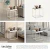 Collage of four images showing a white side table in different room settings: an atelier, a bedroom, and a living room. Produktbild-Vorschau
