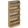 A tall, narrow shoe cabinet with four flip-down drawers, made of wood-effect material. Náhľad obrázku produktu