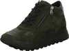 A single green leather and textile bootie with black laces and a black sole is shown against a white background. Produktbild-Vorschau
