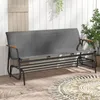 A gray three-seater garden bench with wooden armrests sits on a wooden deck, next to a potted plant and a decorative rug. Podgląd zdjęcia produktu