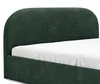 A close-up view of a dark green upholstered bed frame and headboard with a white sheet on the mattress. Produktbild-Vorschau