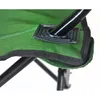 A close-up view of the green fabric and black metal frame of a folding chair. Voir les images du produit