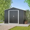 A dark gray metal shed with double doors is situated on a concrete pad in a grassy yard, with trees and a fence in the background. Produktbild-Vorschau
