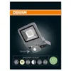 A product image of an OSRAM ENDURA FLOOD outdoor light with a motion sensor, presented against a dark, gradient background. The image includes feature icons and text. Produktbild-Vorschau
