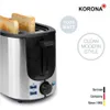 A close-up shot of a Korona toaster with two slices of toast, set against a white background with marketing text and logos. Produktbild-Vorschau
