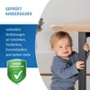 A baby is holding onto the leg of a table, with corner protectors visible on the table edge. Text on the left highlights child safety. Produktbild-Vorschau