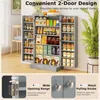 A tall, gray storage cabinet filled with various food items and jars, with a plant in the background. The bottom part of the image shows close-ups of the cabinet's features. Podgląd zdjęcia produktu