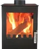 A close-up front view of a black wood-burning stove with a glass door showing a fire burning inside. Náhľad obrázku produktu