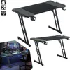 A collage of images showing a gaming desk with LED lighting, a close-up of its features, and a lifestyle shot of the desk set up with a computer and chair. Produktbild-Vorschau