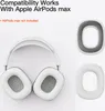 A white pair of Apple AirPods Max headphones are shown with two replacement ear pads, one with a gray inner ring and one plain white. Podgląd zdjęcia produktu