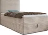 A beige upholstered box spring bed with a headboard, mattress, and a blue pillow, shown against a white background. Produktbild-Vorschau