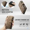 A collage of images showcasing a brown leather wallet-style phone case with a zipper and lanyard. Produktbild-Vorschau
