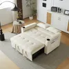 A beige sofa bed is shown in a living room setting, with a floor lamp and a small side table. Produktbild-Vorschau