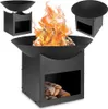 A collage of images showing a black metal fire pit with a bowl-shaped top and a square base with a storage compartment for firewood. The main image shows the fire pit with a fire burning inside. Voir les images du produit