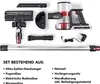 A flat lay of a disassembled cordless vacuum cleaner and its accessories, with a list of included items below. Produktbild-Vorschau
