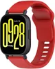 A smartwatch with a red strap and a black casing is shown against a black background. The watch face displays the time '09:28' in large yellow digits, along with the date 'AUG. 16' and the day 'Friday'. Produktbild-Vorschau