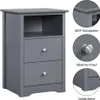 A dark gray nightstand with two drawers and an open shelf, shown with close-up details of its construction and hardware. Produktbild-Vorschau