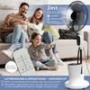 A family is relaxing on a couch while a fan with humidifier function operates in the background. Produktbild-Vorschau