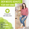 A woman and a baby are shown near a wooden baby gate, with marketing text and icons on the left side of the image. Produktbild-Vorschau