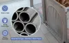 Close-up of stainless steel pipes used in a baby playpen, with marketing text and icons. Voir les images du produit