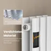 A close-up of a white radiator with text overlays highlighting its material and thickness. Voir les images du produit
