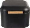 A black bread box with a wooden handle on a white background. Produktbild-Vorschau