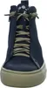A close-up, front-facing view of a blue high-top sneaker with tan laces. Produktbild-Vorschau