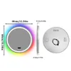 Diagram showing dimensions and features of a round LED mirror with RGB lighting. Anteprima dell’immagine prodotto