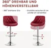 Two red bar stools are shown, one demonstrating 360-degree rotation and the other showing height adjustment. Produktbild-Vorschau