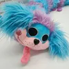 Close-up of a plush toy caterpillar with blue and purple fur, and a pink face with black eyes and a black heart-shaped nose. Produktbild-Vorschau