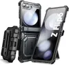 A black protective case for a Samsung Galaxy Z Flip6 phone, shown with a belt clip and kickstand. Produktbild-Vorschau