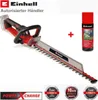 A cordless hedge trimmer and a can of maintenance spray are shown, along with warranty and feature badges. Produktbild-Vorschau